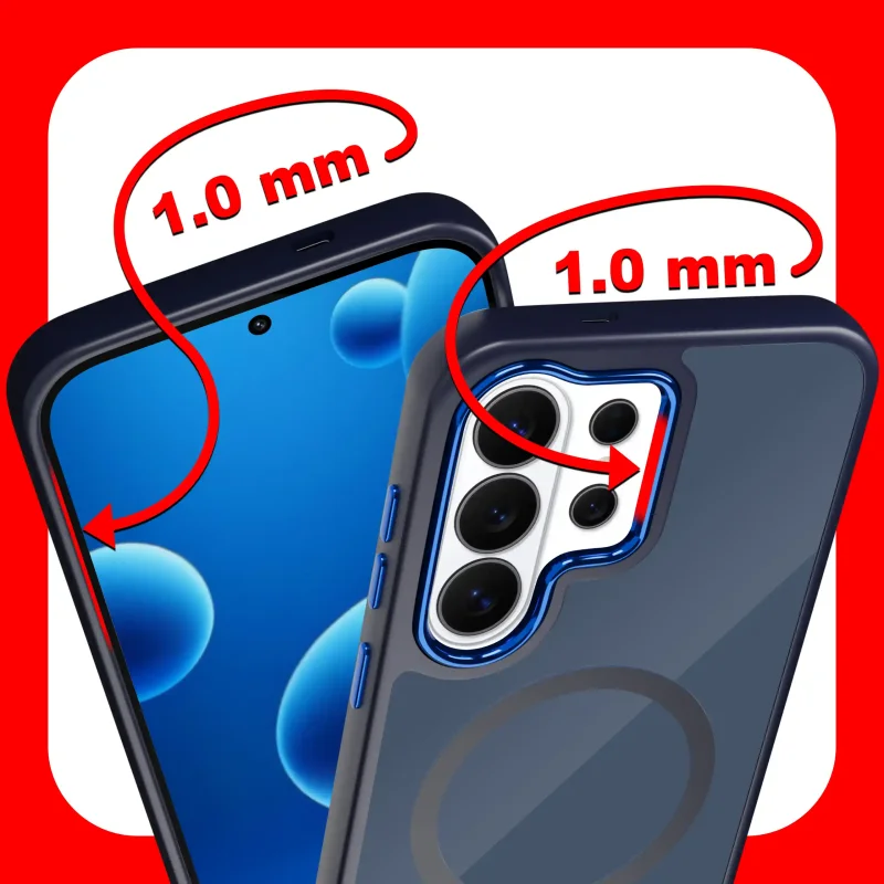 Etui magnetyczne Samsung Galaxy S26 Ultra granatowe – zaznaczone podwyższone ranty 1 mm chroniące ekran i aparat