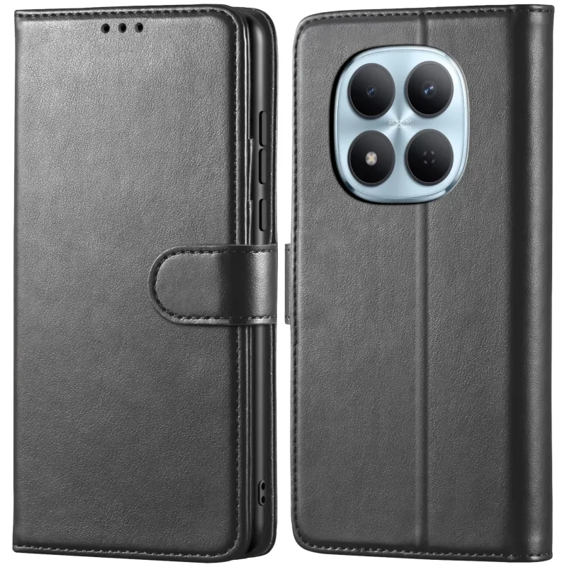 Czarny pokrowiec z klapką do Xiaomi Redmi Note 15 Pro 5G – skórzane, zamykane, z miejscem na karty i dokumenty