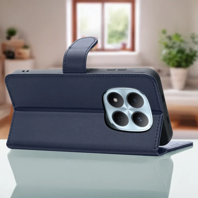 Skórzane granatowe etui z klapką Xiaomi Redmi Note 15 Pro 5G z funkcją stojaka