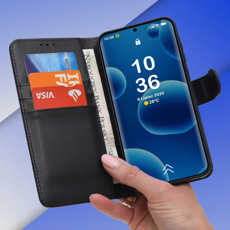 Etui portfelowe Xiaomi Redmi Note 15 Pro+ Plus 5G – skórzane etui z klapką, kieszonki na karty i gotówkę, kolor czarny