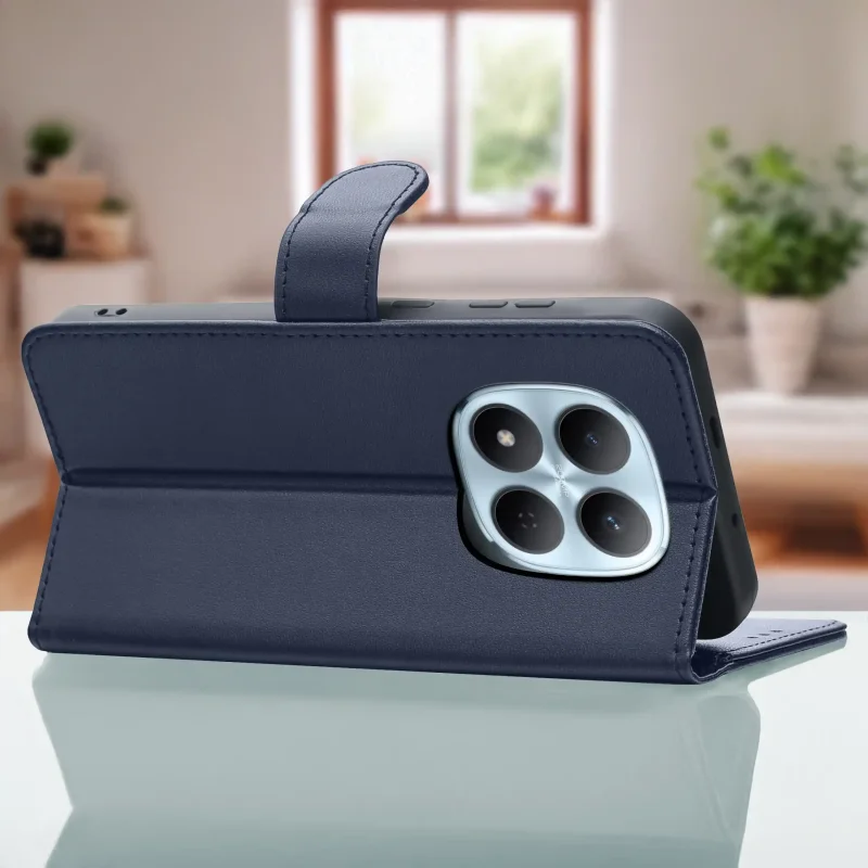 Granatowe skórzane etui z klapką Xiaomi Redmi Note 15 Pro+ Plus 5G z funkcją stojaka