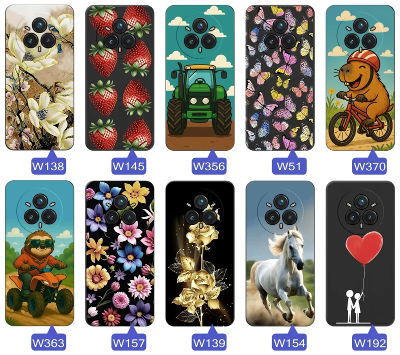 Case wiosenne Realme 14 Pro+ czarne etui z wzorem – motyle, kwiaty, róże, koń, traktor, truskawki, kapibara, miłość