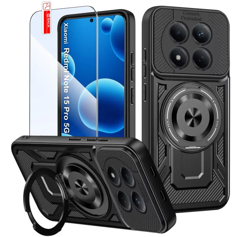 Etui pancerne z MagSafe do Xiaomi Redmi Note 15 Pro 5G – ring 360° i szkło hartowane w zestawie