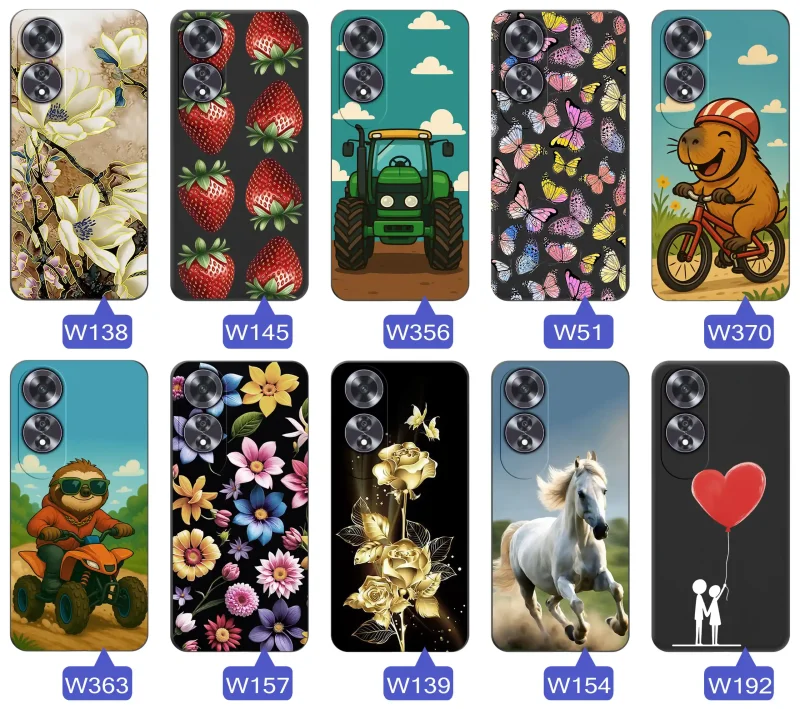 Case wiosenne Oppo A60 4G czarne etui z wzorem – motyle, kwiaty, róże, koń, traktor, truskawki, kapibara, miłość