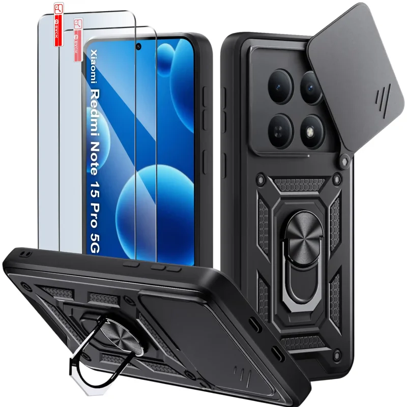 Etui pancerne Slide Ring do Xiaomi Redmi Note 15 Pro 5G z osłoną aparatu i szkłami hartowanymi w zestawie
