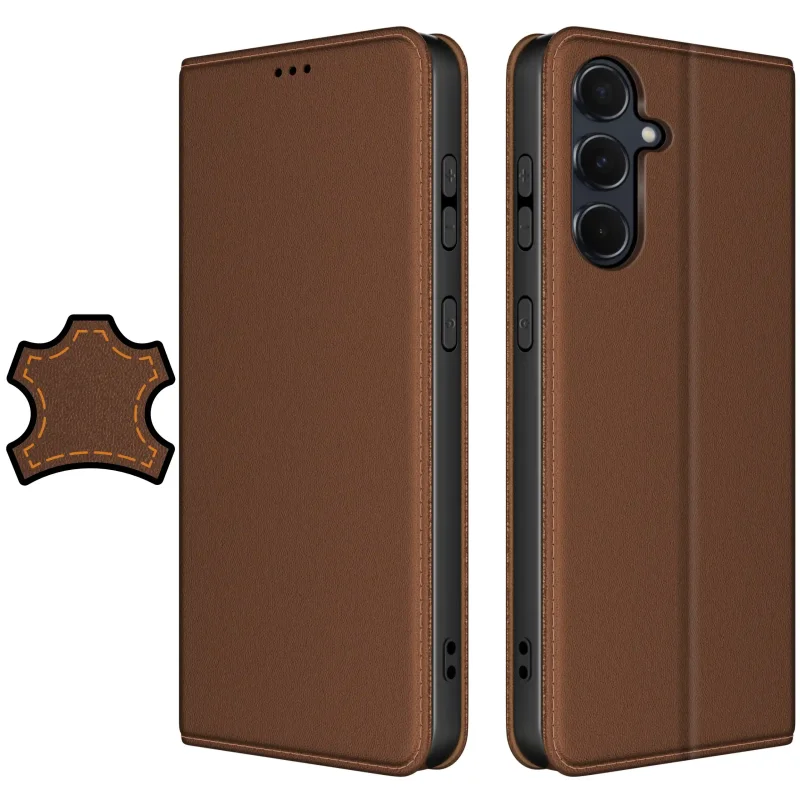 Etui skórzane z klapką do Samsung Galaxy S25 FE w kolorze brązowym – widok przód i tył