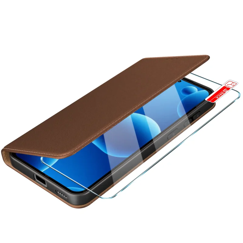 Brązowe etui portfelowe do Samsung Galaxy S25 FE z uchyloną klapką i szkłem hartowanym