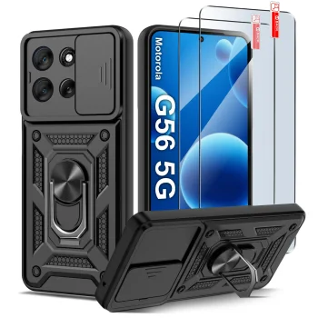 Etui do Motorola Moto G56 5G pancerne ring z osłoną na aparat czarne z zestawem dwóch szkieł