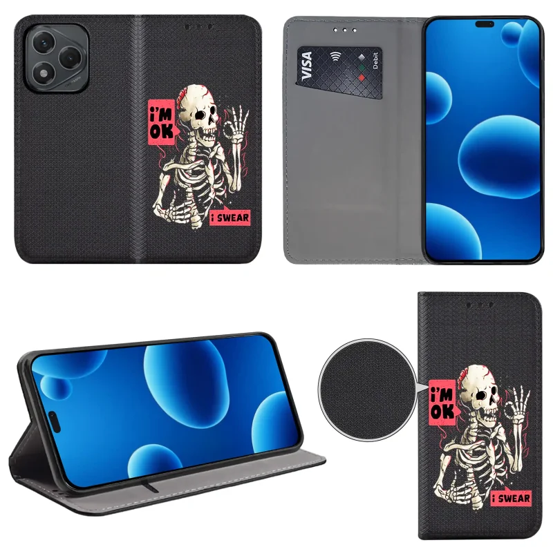 Etui książkowe do Honor 400 Lite z nadrukiem szkieletu, widok przodu i tyłu, kieszonka na kartę oraz funkcja podstawki