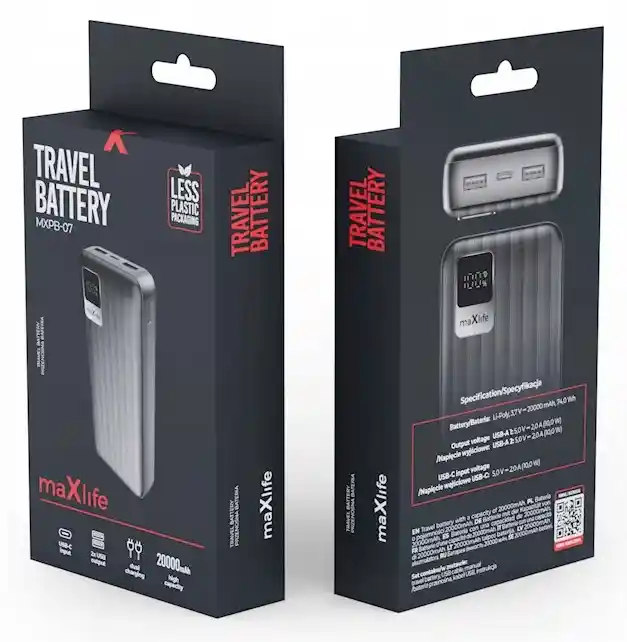Opakowanie powerbanku Maxlife MXPB-07 20000 mAh przód i tył pudełka