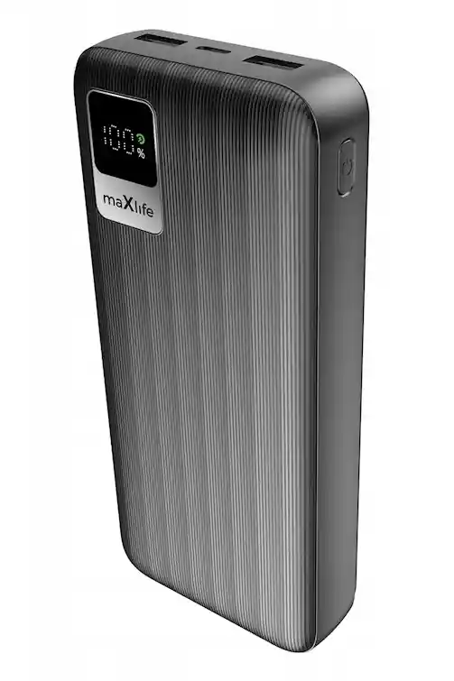 Powerbank Maxlife 20000 mAh czarny widok pod kątem obudowa z wyświetlaczem LED
