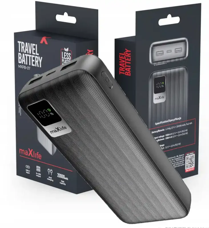 Powerbank Maxlife 20000 mAh MXPB-07 czarny z wyświetlaczem LED i opakowaniem