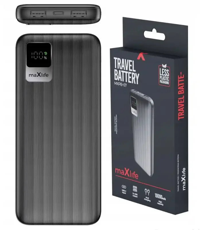 Powerbank Maxlife 10000 mAh z wyświetlaczem LCD i opakowaniem