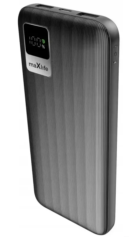 Powerbank Maxlife 10000 mAh czarny – widok pod kątem, fakturowana obudowa i ekran LCD