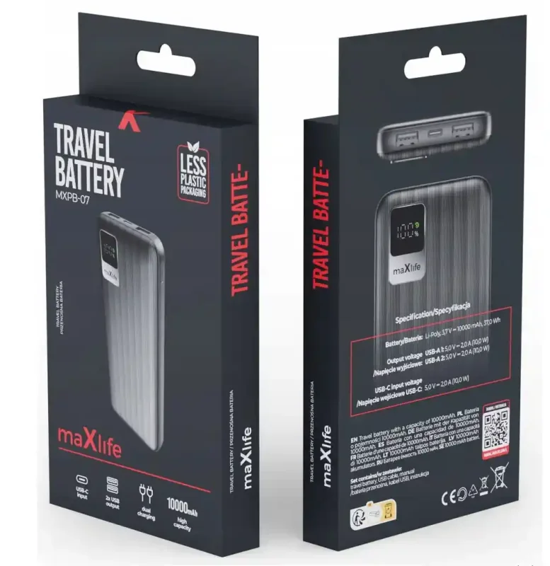 Opakowanie powerbanka Maxlife MXPB-07 10000 mAh – przód i tył pudełka ze specyfikacją