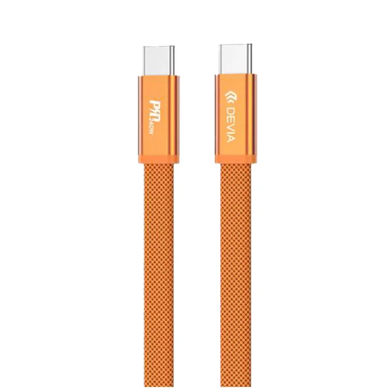 Szybki kabel Devia USB-C 240W 1,5m płaski pomarańczowy metalowy oplot złącze USB typ C