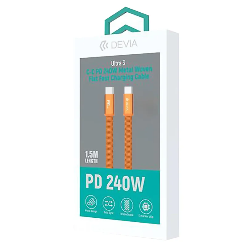 Kabel Devia Ultra3 USB typ-C PD 240W 1,5m płaski przewód do ładowania pomarańczowy