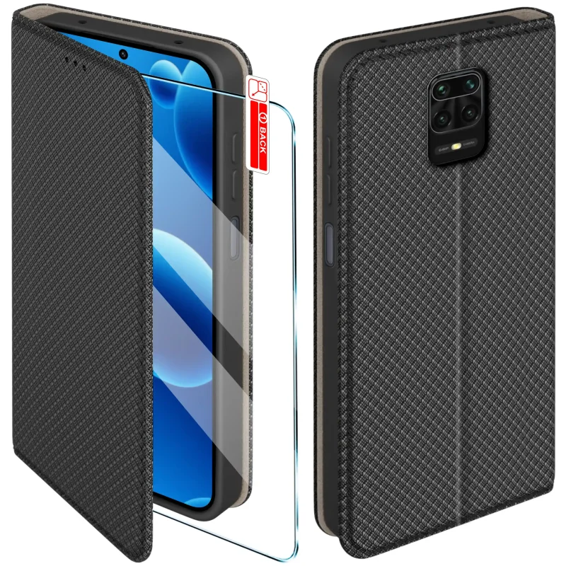 Czarne etui z klapką do Xiaomi Redmi Note 9 Pro / 9S ze szkłem hartowanym – widok przodu i tyłu z elegancką, teksturowaną powierzchnią