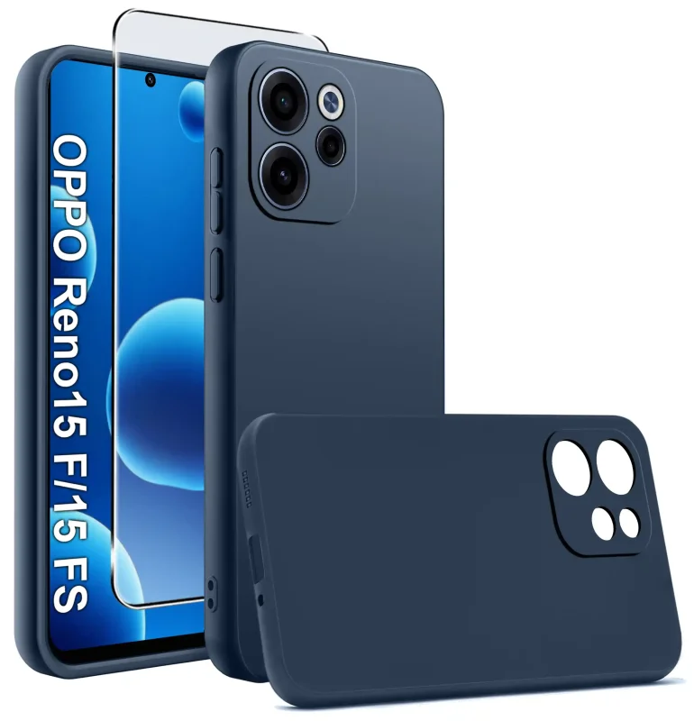 Granatowy silikonowy case do Oppo Reno 15 F / 15 FS 5G z dołączonym szkłem hartowanym – widok przód i tył, matowe wykończenie