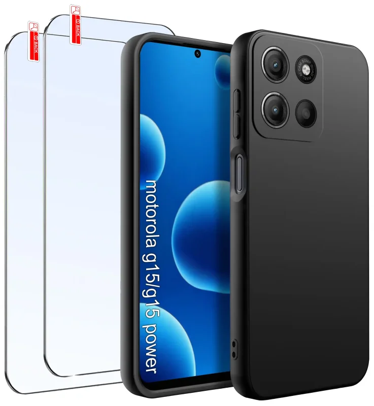 Czarny silikonowy case do Motorola Moto G15 / G15 Power z dwoma szkłami hartowanymi