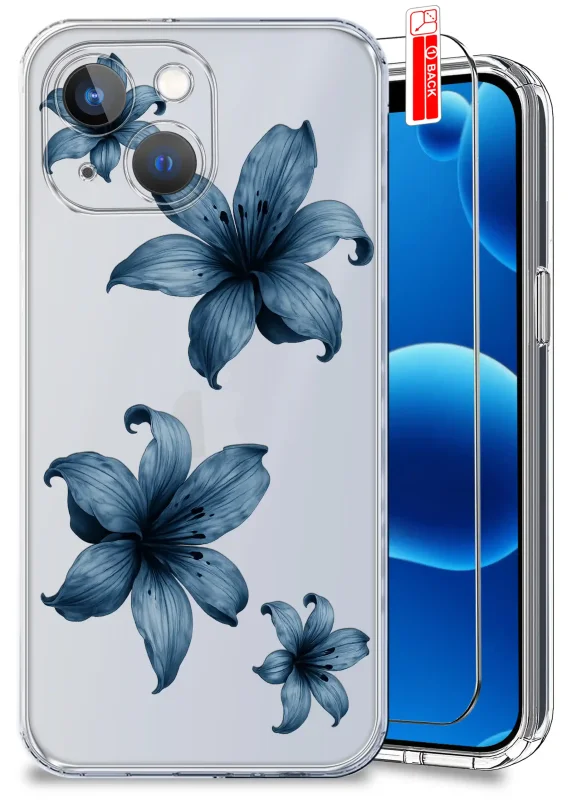 Etui wiosenne do iPhone 13 / 14 przezroczyste ze wzorem niebieskich kwiatków