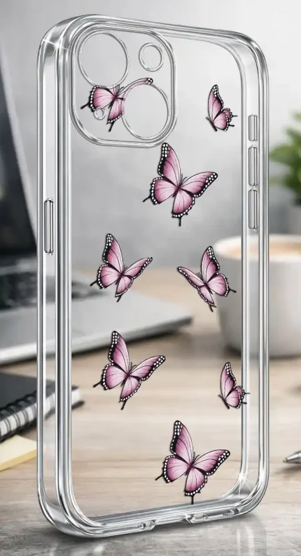 Przezroczyste etui wiosna iPhone 15 z fioletowymi motylami