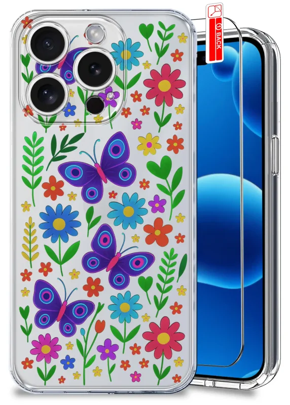 Etui wiosenne do iPhone 15 Pro Max przezroczyste z kolorowymi kwiatami i fioletowymi motylkami