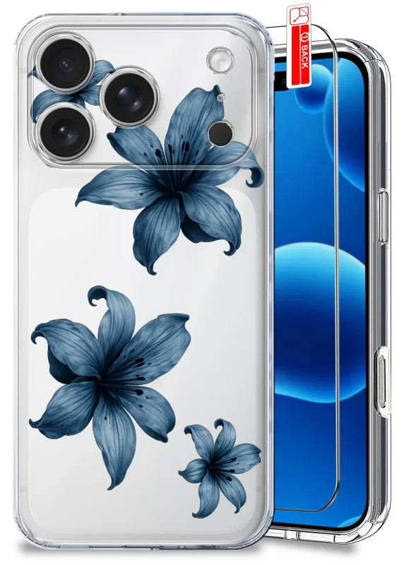Etui wiosenne do iPhone 17 Pro / 18 Pro przezroczyste z niebieskimi kwiatkami