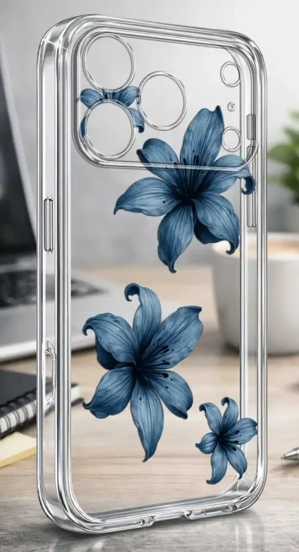 Przezroczyste etui wiosna iPhone 17 Pro / 18 Pro z niebieskimi kwiatami