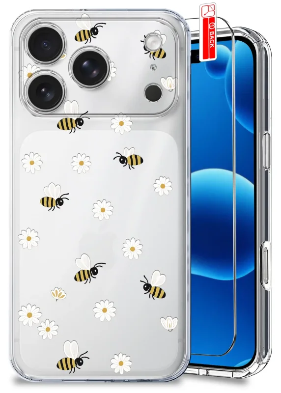 Etui wiosenne do iPhone 17 Pro Max przezroczyste z pszczółkami i stokrotkami