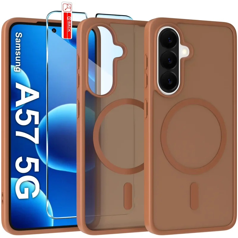 Etui do Samsung Galaxy A57 5G Magsafe brązowe ze szkłem hartowanym w zestawie