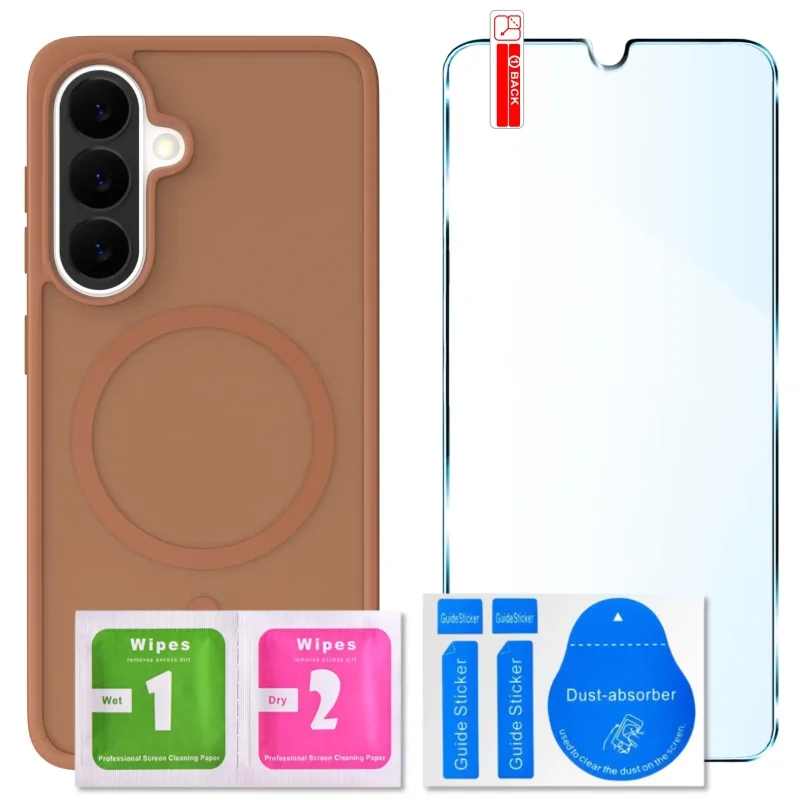 Zestaw etui MagSafe do Samsung Galaxy A57 5G brązowe + szkło hartowane 9H i akcesoria montażowe