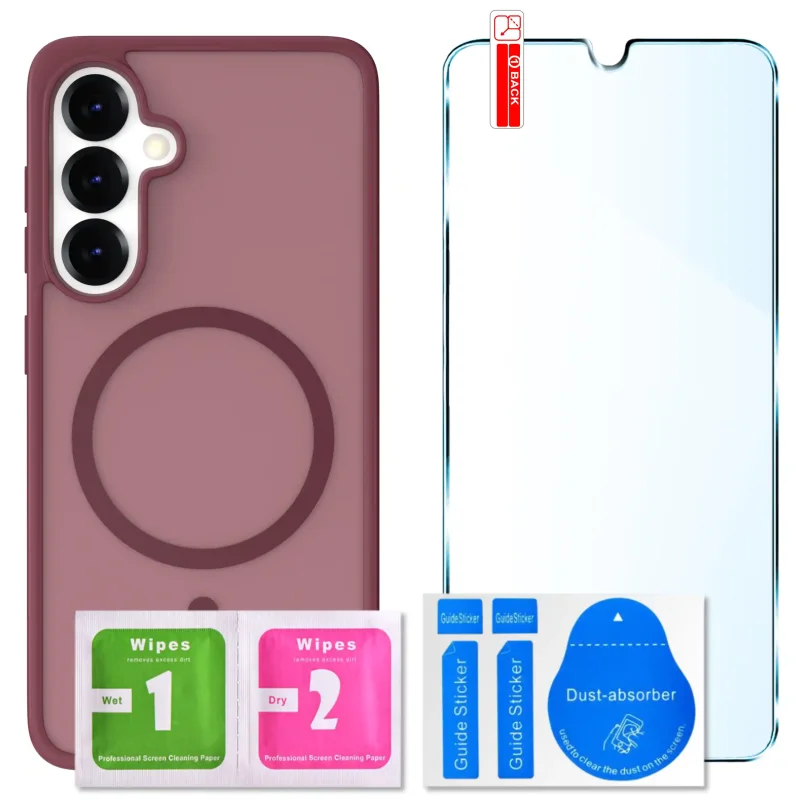 Zestaw etui MagSafe do Samsung Galaxy S25 bordowe + szkło hartowane 9H i akcesoria montażowe