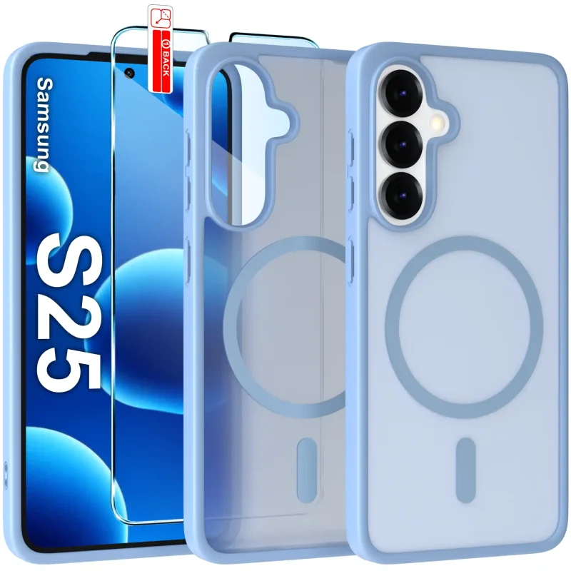 Etui do Samsung Galaxy S25 Magsafe niebieskie ze szkłem hartowanym w zestawie