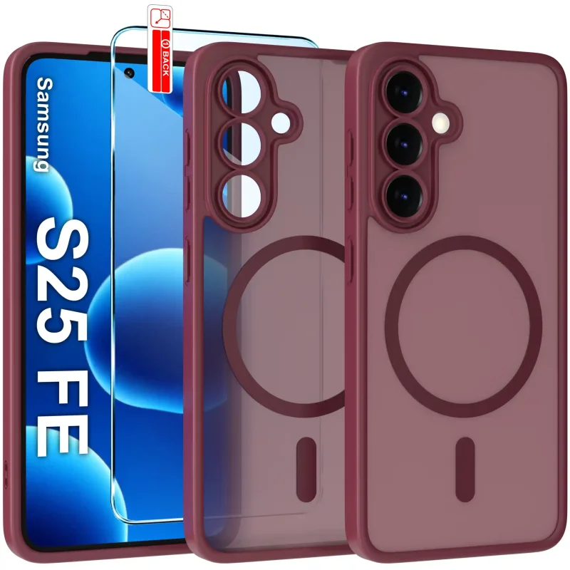 Etui do Samsung Galaxy S25 FE Magsafe bordowe ze szkłem hartowanym w zestawie