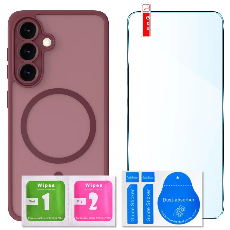 Zestaw etui MagSafe do Samsung Galaxy S25 FE bordowe + szkło hartowane 9H i akcesoria montażowe