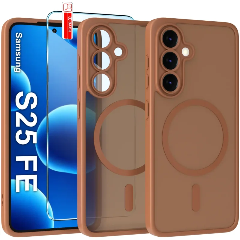 Etui do Samsung Galaxy S25 FE Magsafe brązowe ze szkłem hartowanym w zestawie