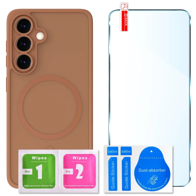 Zestaw etui MagSafe do Samsung Galaxy S25 FE brązowe + szkło hartowane 9H i akcesoria montażowe