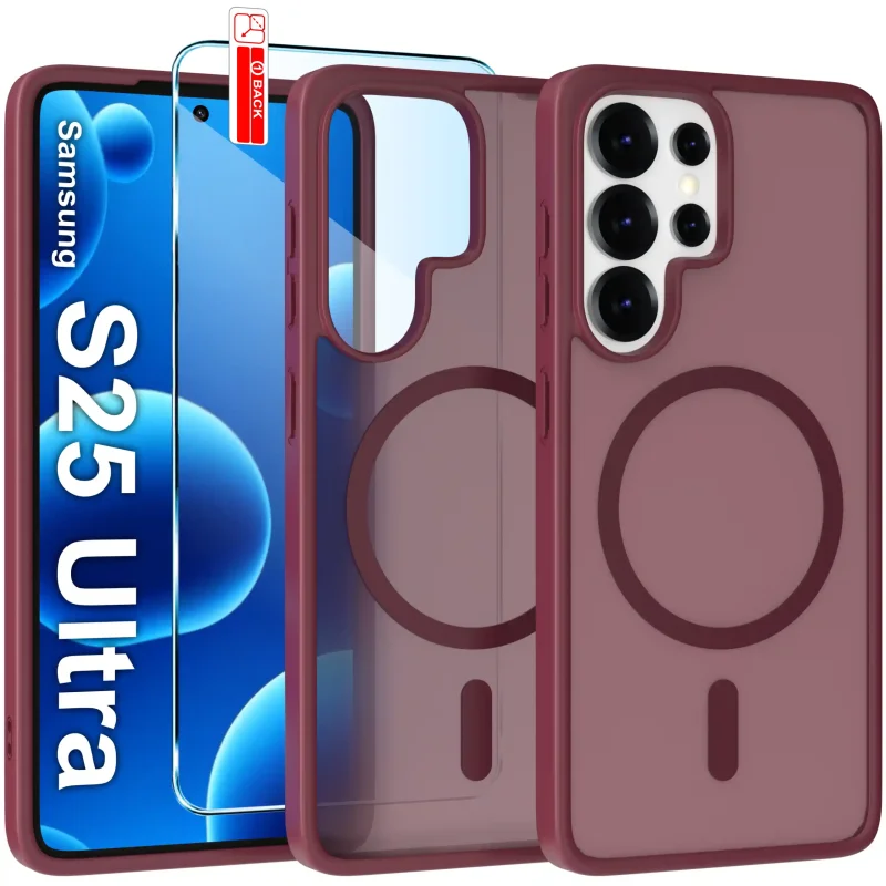 Etui do Samsung Galaxy S25 Ultra Magsafe bordowe ze szkłem hartowanym w zestawie