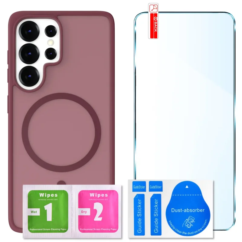 Zestaw etui MagSafe do Samsung Galaxy S25 Ultra bordowe + szkło hartowane 9H i akcesoria montażowe
