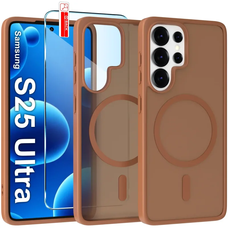 Etui do Samsung Galaxy S25 Ultra Magsafe brązowe ze szkłem hartowanym w zestawie