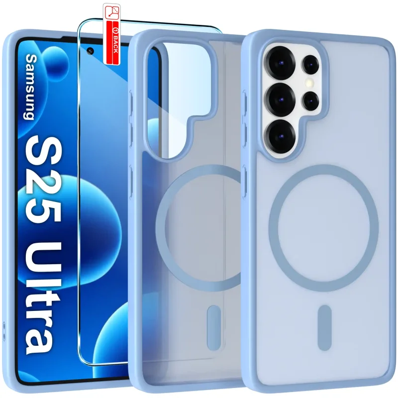 Etui do Samsung Galaxy S25 Ultra Magsafe niebieskie ze szkłem hartowanym w zestawie
