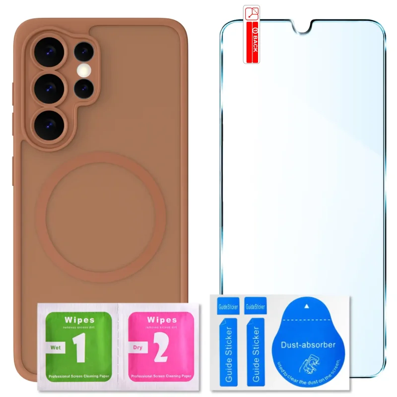 Zestaw etui MagSafe do Samsung Galaxy S26 Ultra brązowe + szkło hartowane 9H i akcesoria montażowe