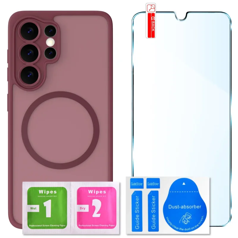 Zestaw etui MagSafe do Samsung Galaxy S26 Ultra bordowe + szkło hartowane 9H i akcesoria montażowe