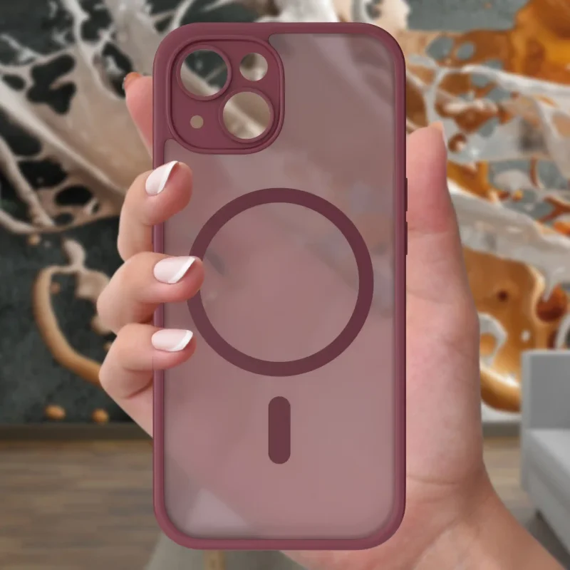 Etui iPhone 13 / 14 MagSafe bordowe matowe z podwyższonym rantem aparatu i półtransparentnym tyłem