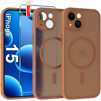 Etui do iPhone 15 Magsafe Matt brązowe ze szkłem