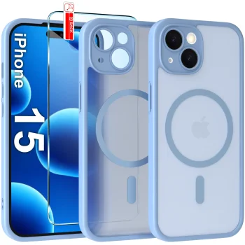 Etui do iPhone 15 Magsafe Matt niebieskie ze szkłem