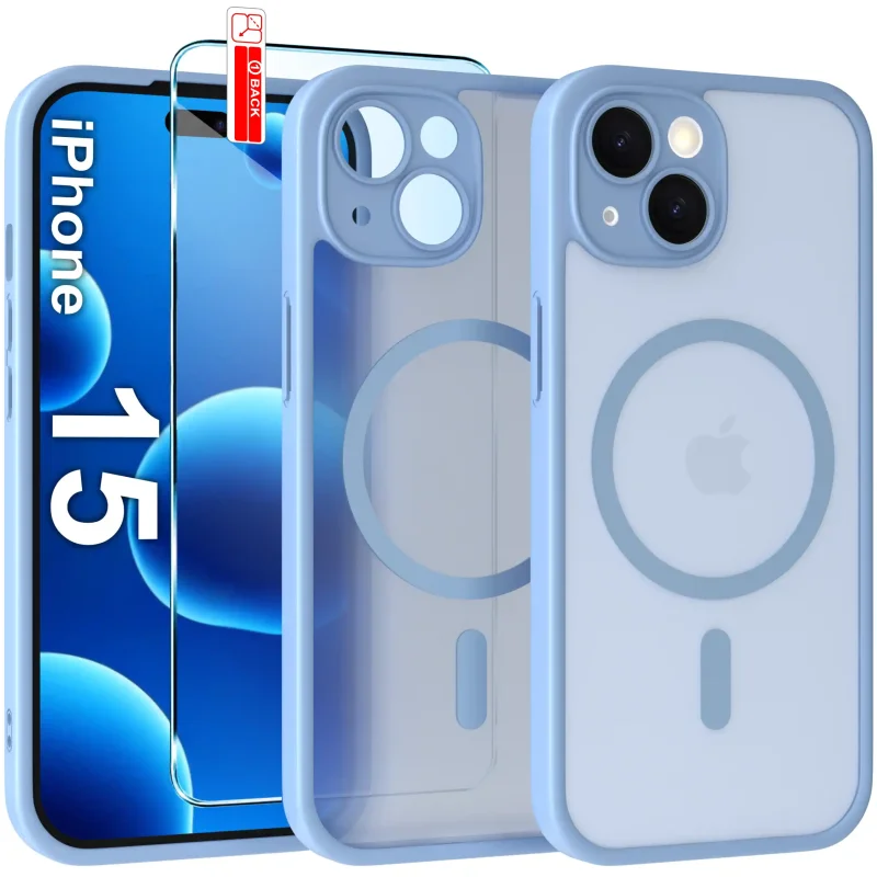 Etui iPhone 15 MagSafe niebieskie matowe z podwyższonym rantem aparatu i półtransparentnym tyłem