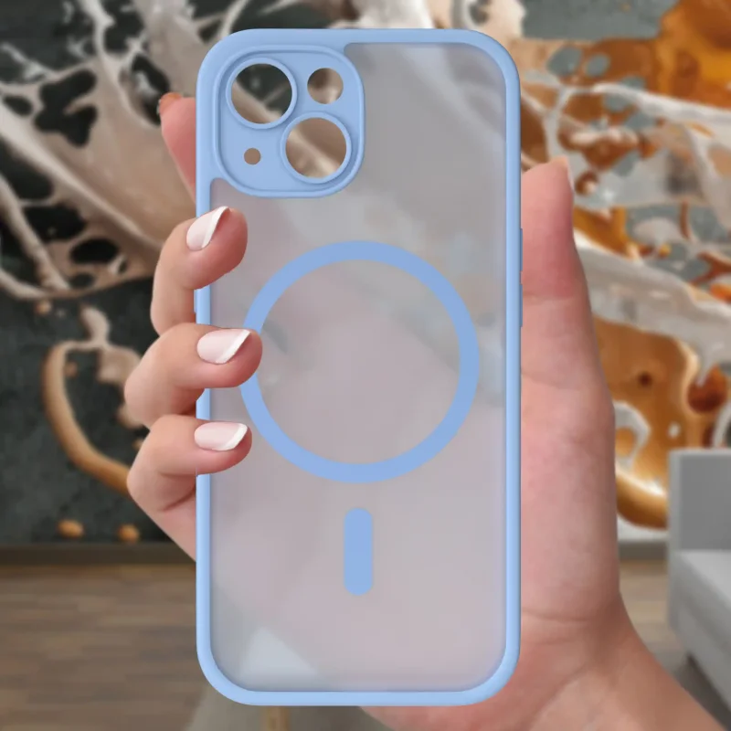 Etui iPhone 15 MagSafe niebieskie matowe z podwyższonym rantem aparatu i półtransparentnym tyłem