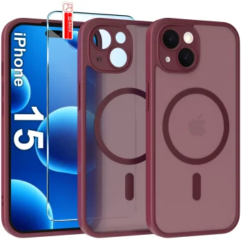 Etui do iPhone 15 Magsafe Matt bordowe ze szkłem